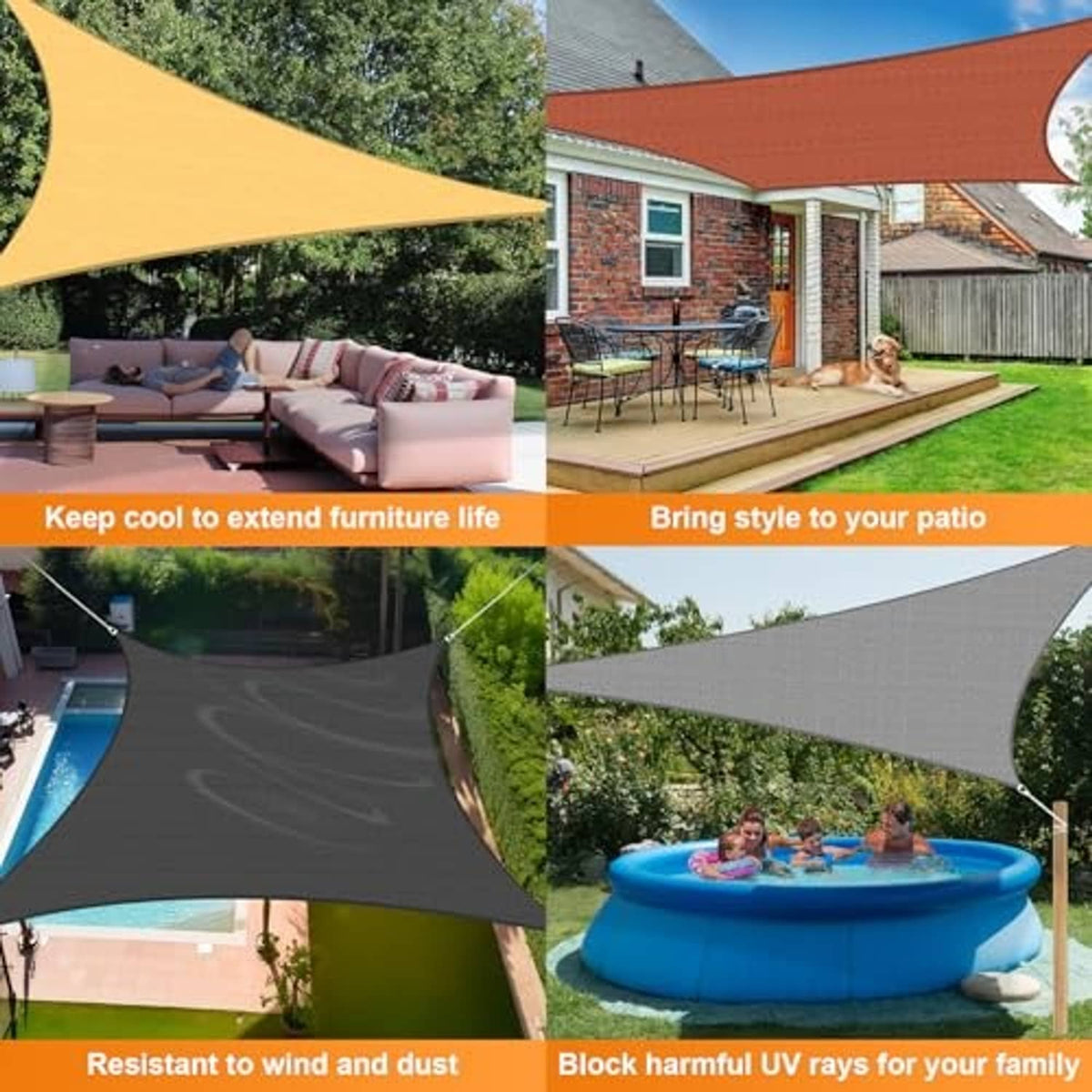 Sand and gray patio shade sails shown outdoors, curved-edged rectangular canopies