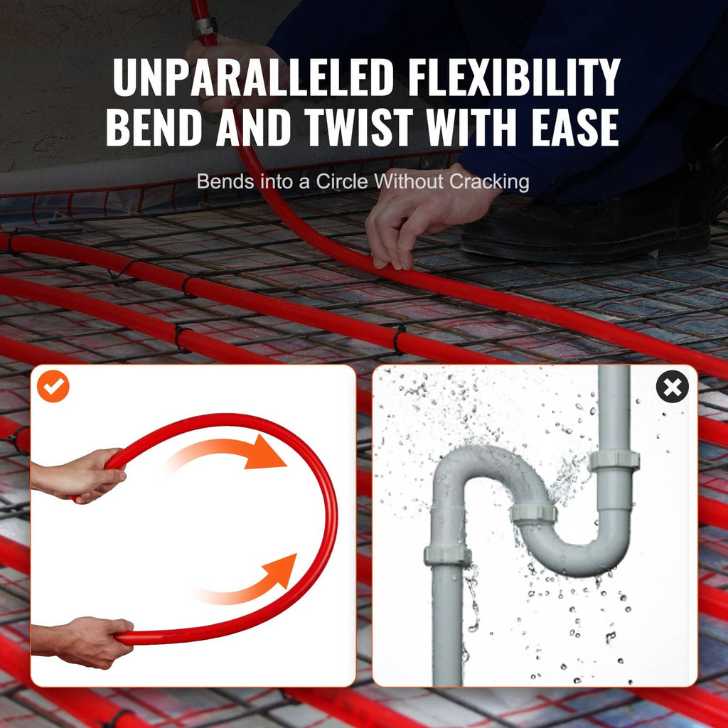 Red PEX-B tubing laid out for flexible bending and twisting