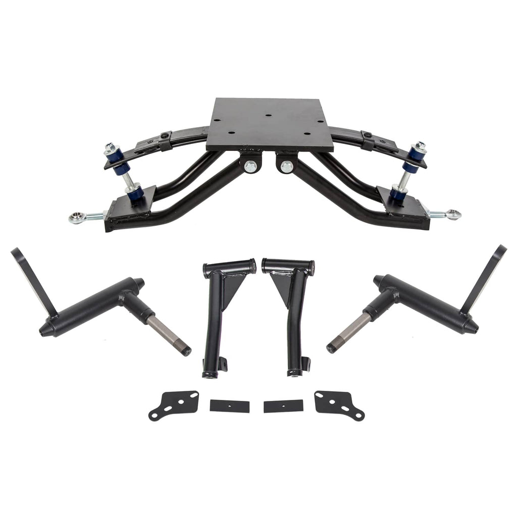 Golf cart lift kit parts set: black arms, brackets, pins, and mounting plates