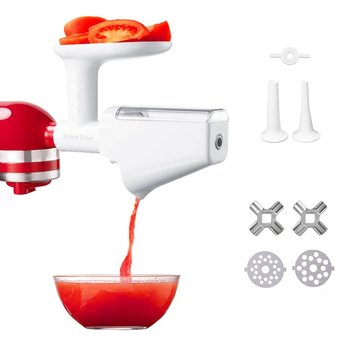 White strainer attachment set with filter parts and funnel spout for stand mixer.