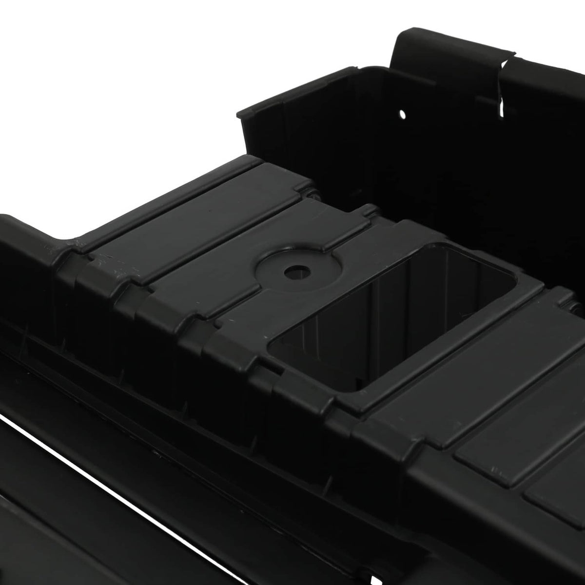 Black radiator shutter assembly housing with mounting hole