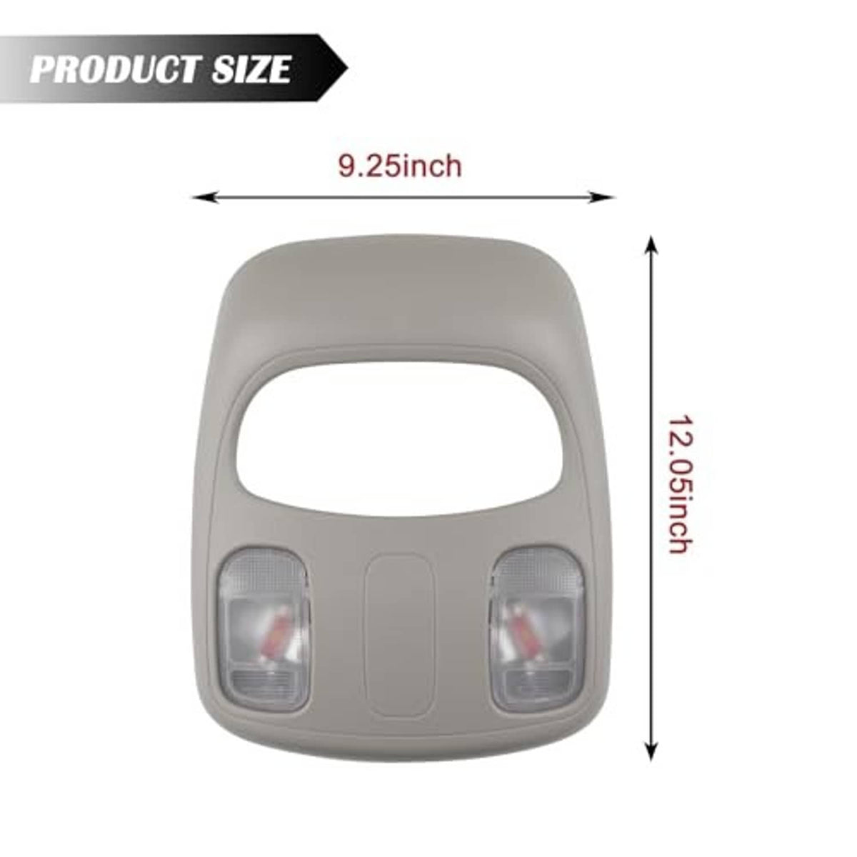 Gray dome map LED reading light assembly dimensions: 9.25 in width, 12.05 in height