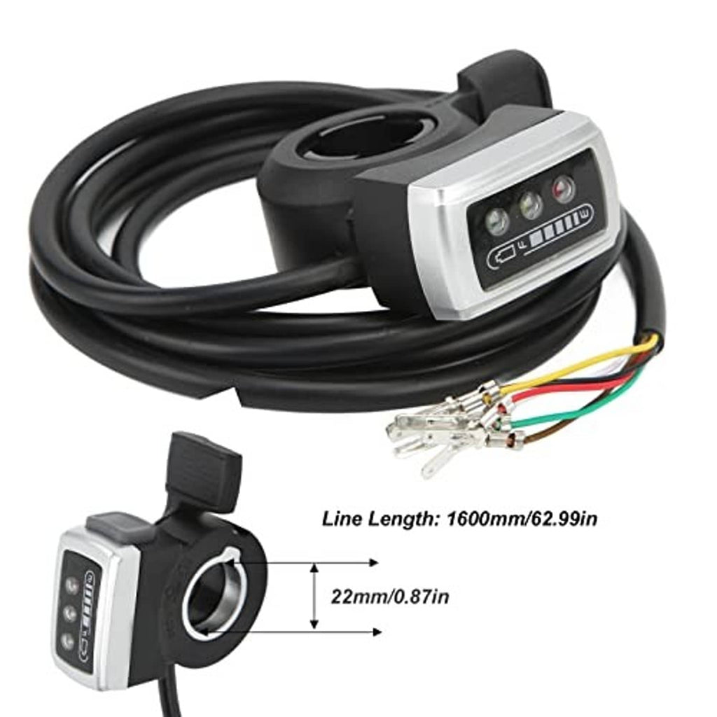 Thumb throttle controller with black cable, silver faceplate, and wiring pigtail connectors