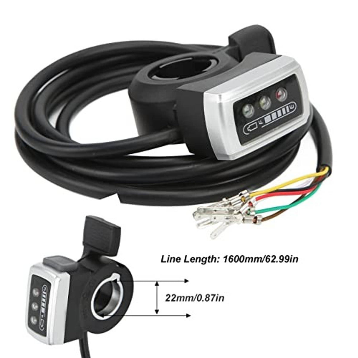 Thumb throttle controller with black cable, silver faceplate, and wiring pigtail connectors