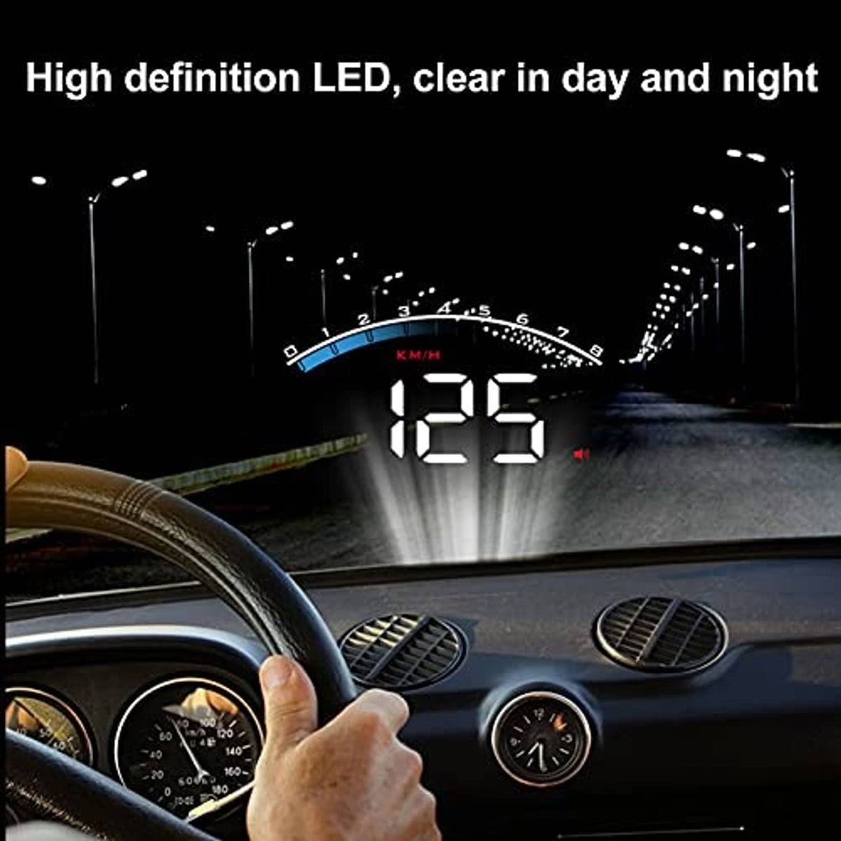 Car windshield HUD projection with bright speed number 125 on a dark road