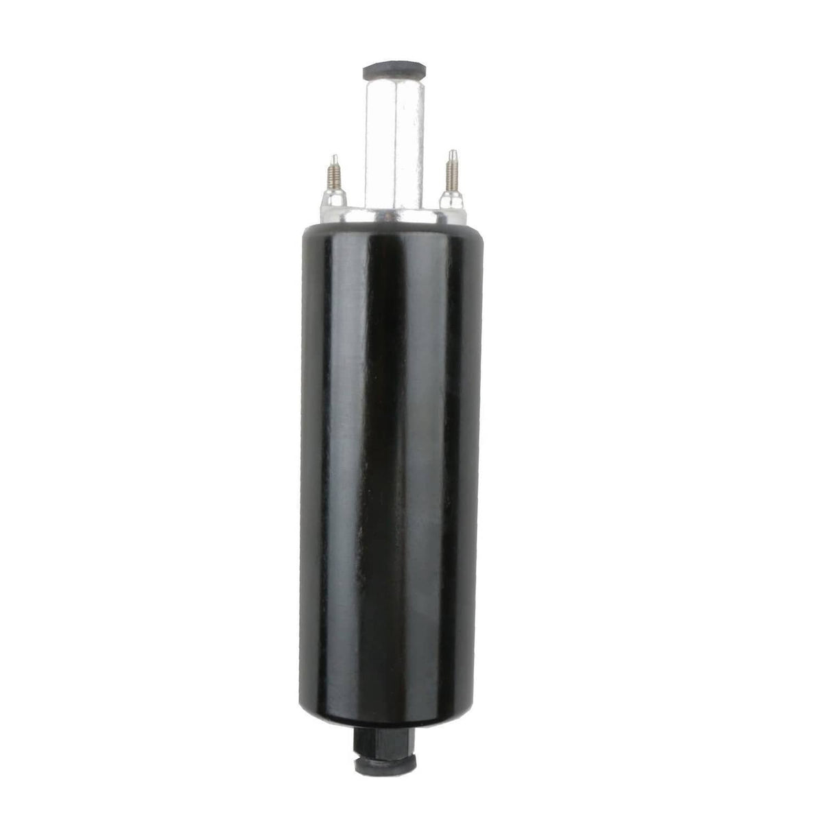 Black inline fuel pump cylinder with two vertical electrical terminals