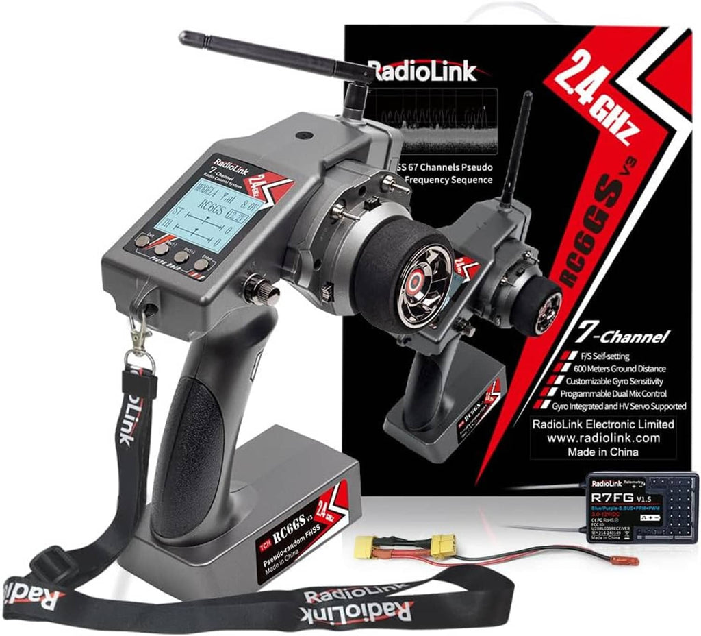 RC transmitter with LCD screen and antenna, with wrist strap, plus compact R7FG receiver