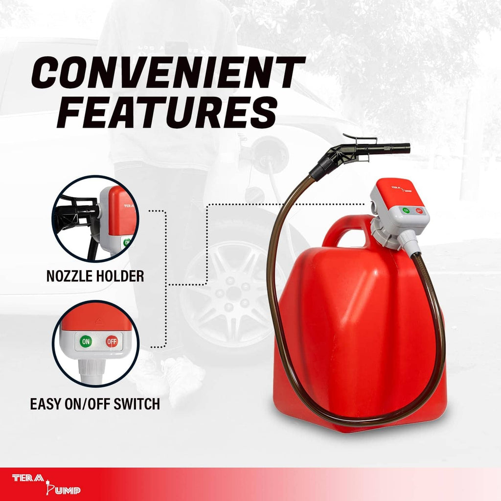 Red fuel transfer pump with nozzle holder and easy on/off switch