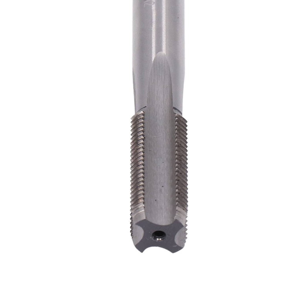Close-up of tap tool tip with helical threads and cutout drive slot