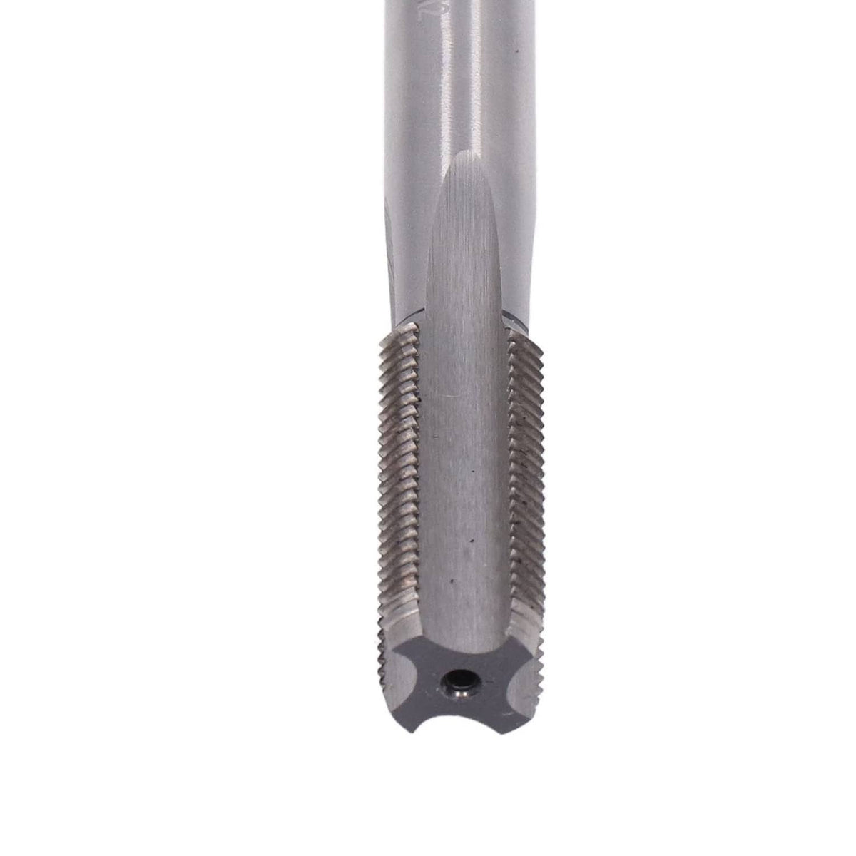 Close-up of tap tool tip with helical threads and cutout drive slot