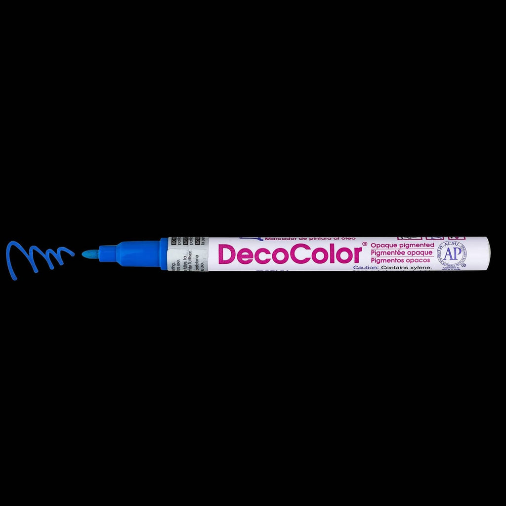 Blue Decocolor fine point paint marker with cap and visible nib tip
