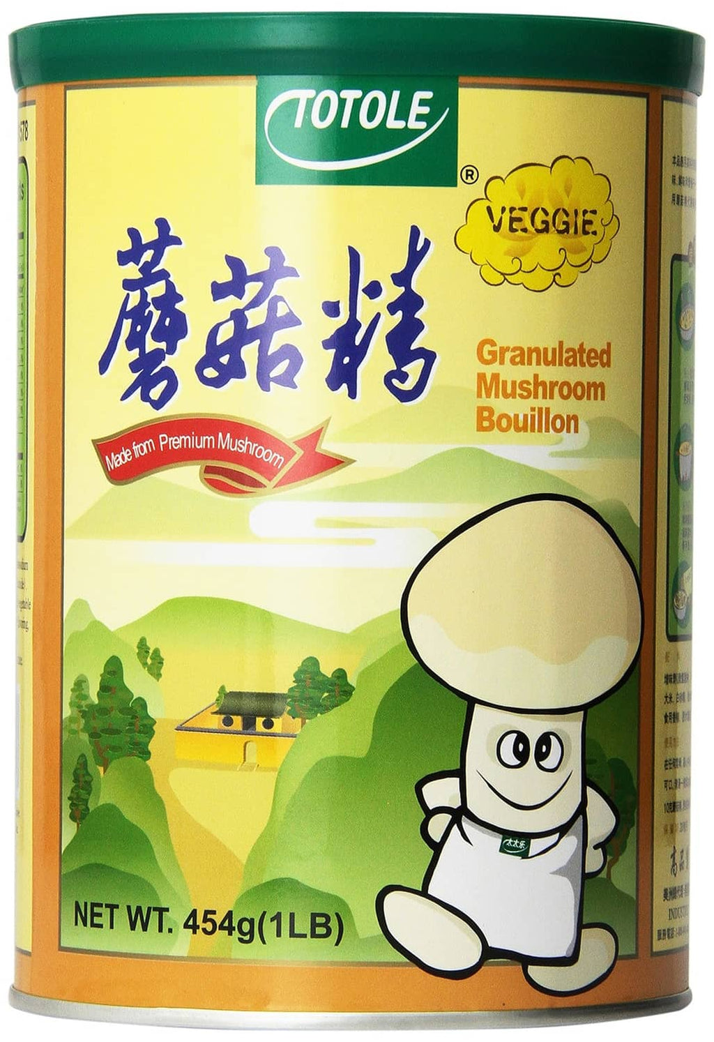 Granulated mushroom bouillon canister with green lid and Totole logo, 454 g