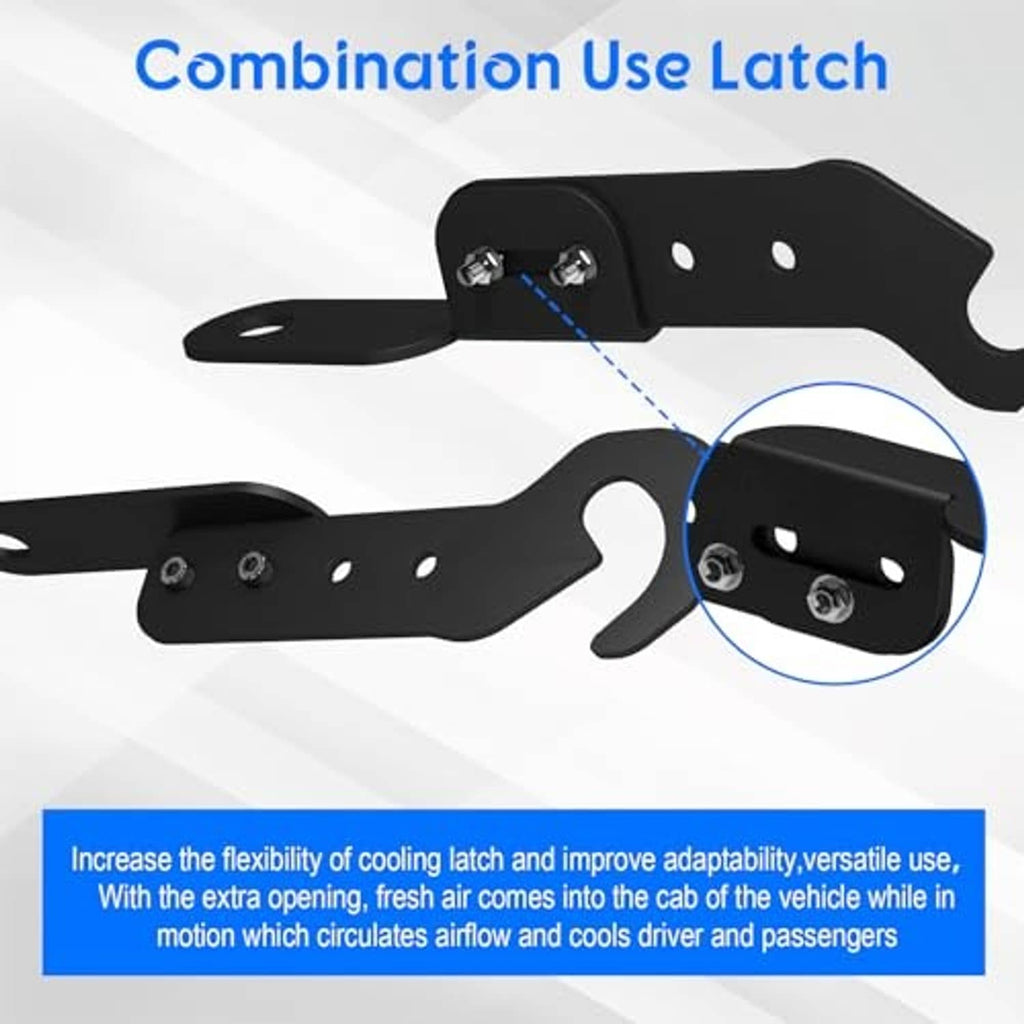 Black two-part UTV latch extender set with screws, mounting holes, and loop hook end