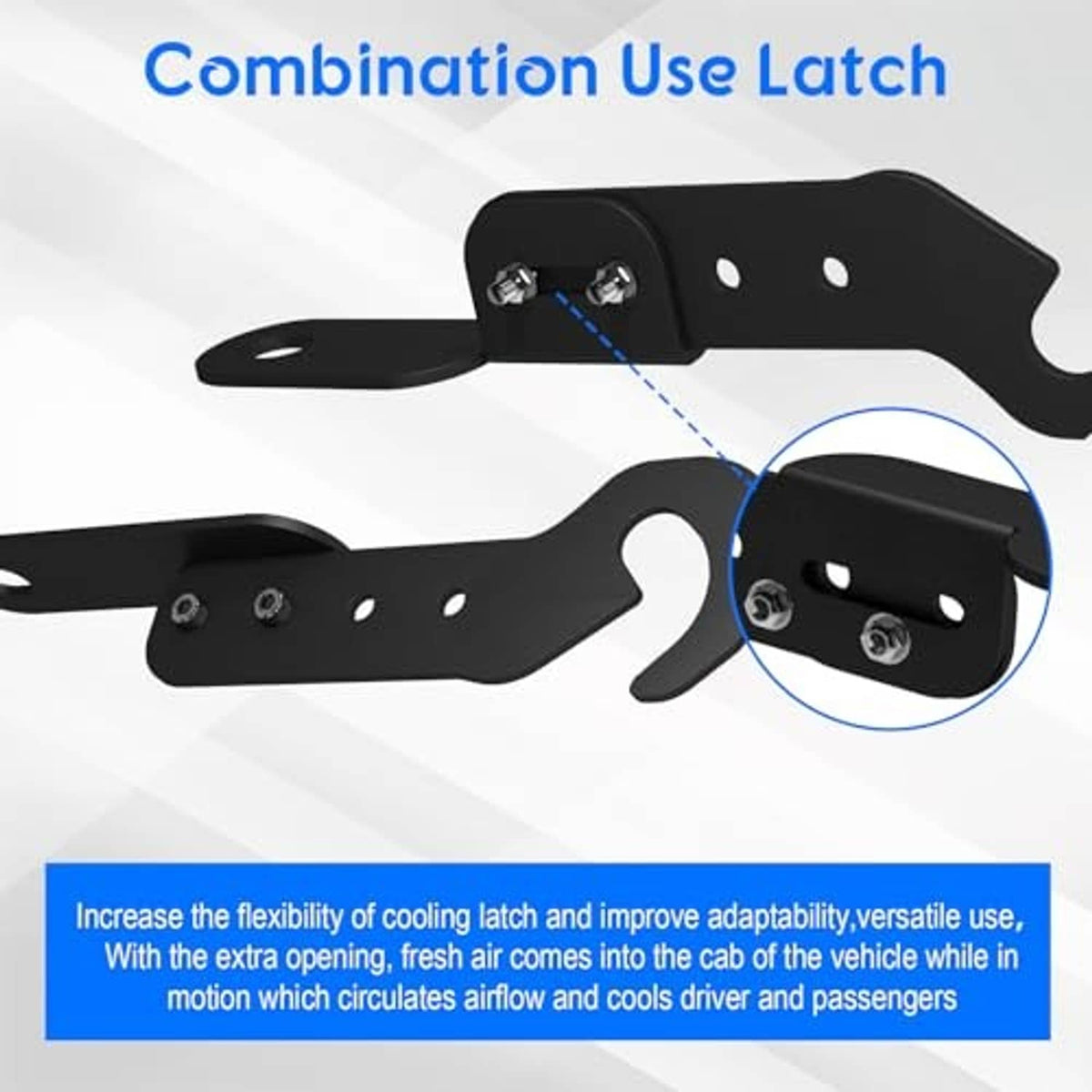 Black two-part UTV latch extender set with screws, mounting holes, and loop hook end