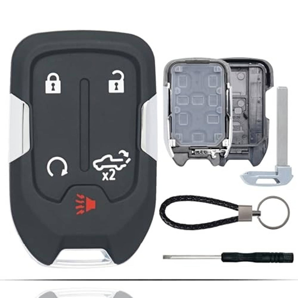 Black key fob shell replacement with interior parts, key ring, and metal tool