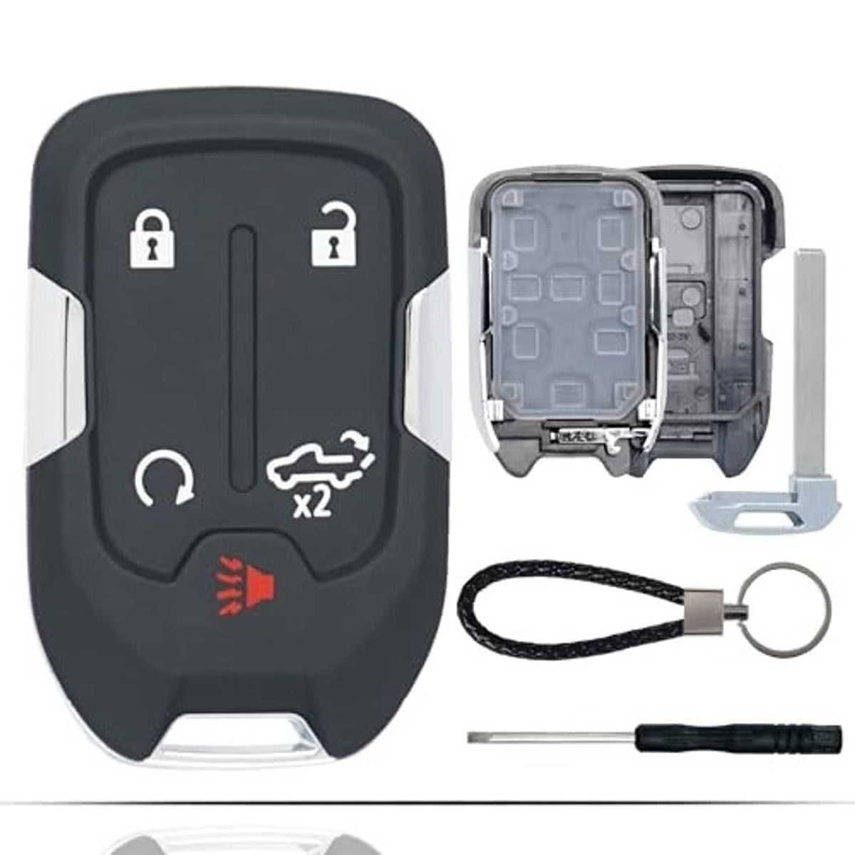 Black key fob shell replacement with interior parts, key ring, and metal tool