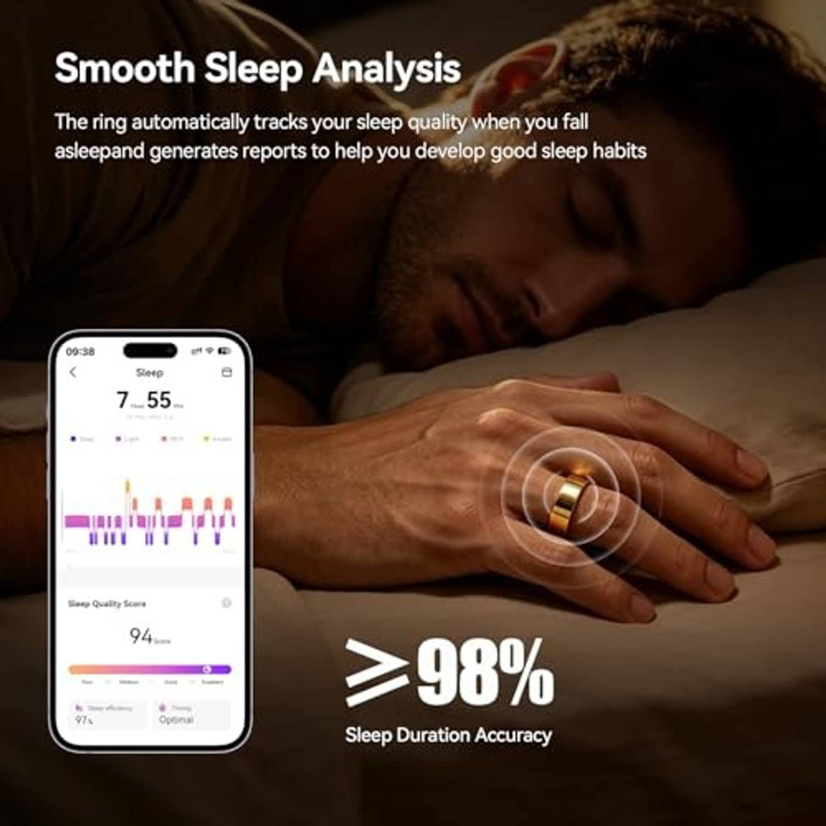 Silver smart ring on finger with screen showing sleep tracking on a smartphone