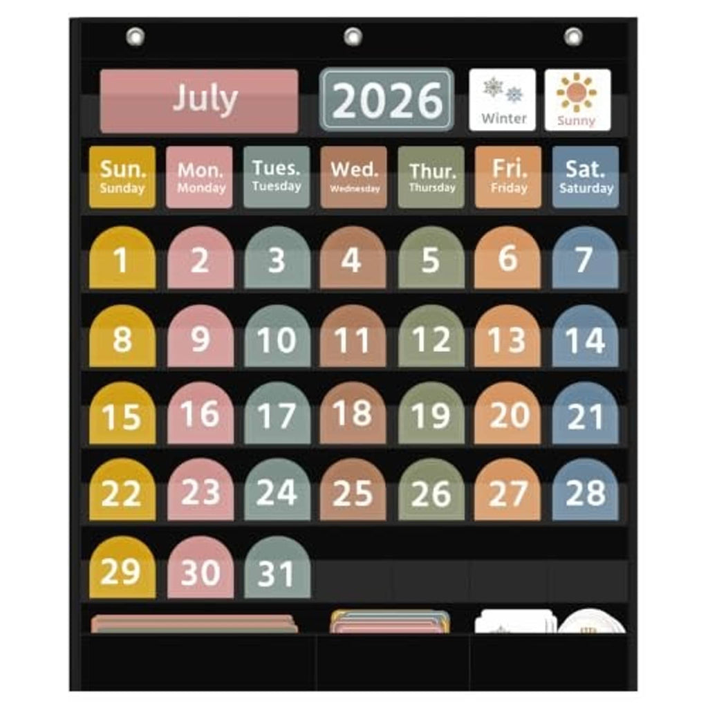 Black calendar pocket chart with July 2026 days in colorful date card pockets