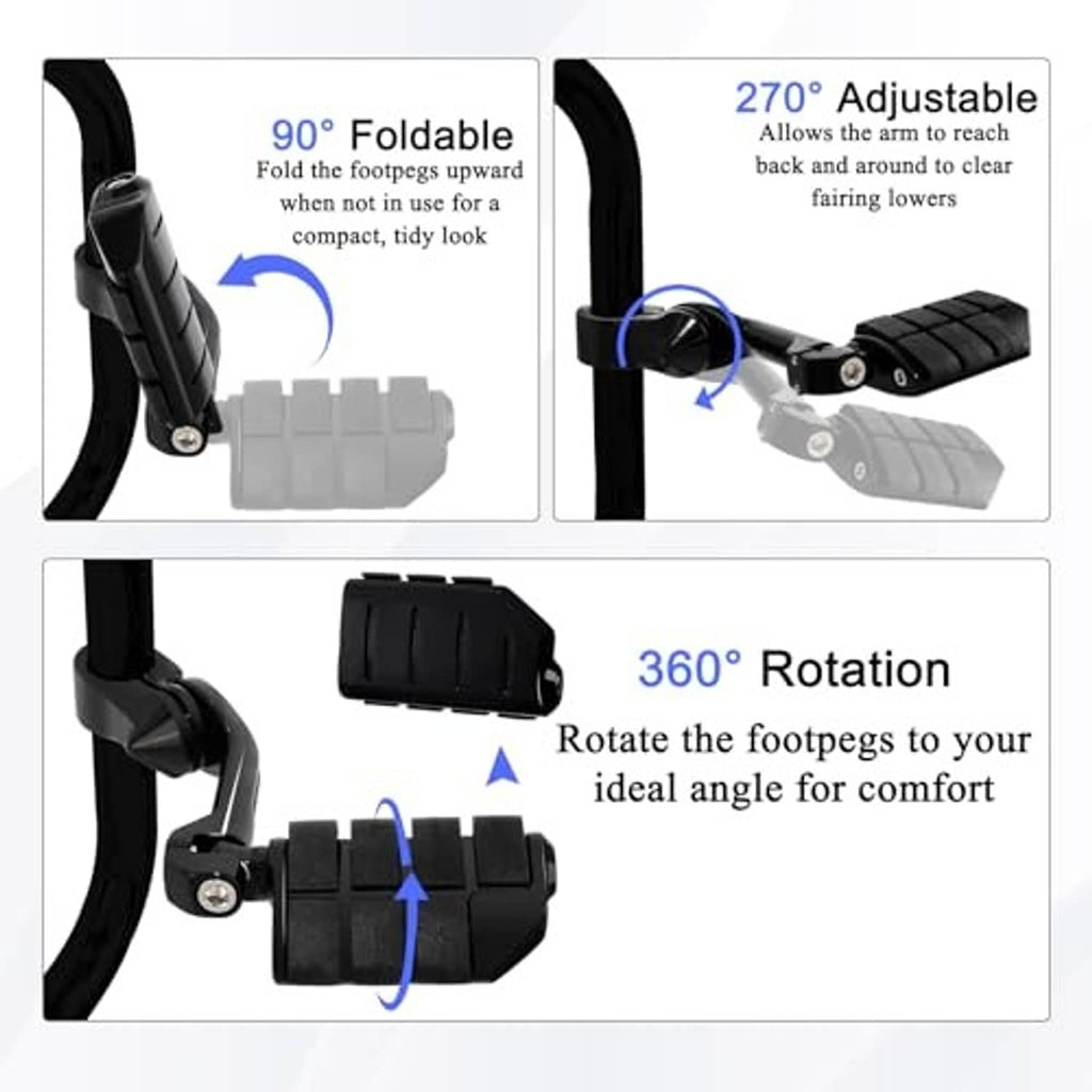 Black foldable adjustable highway foot pegs with angled mounts and textured rubber pads