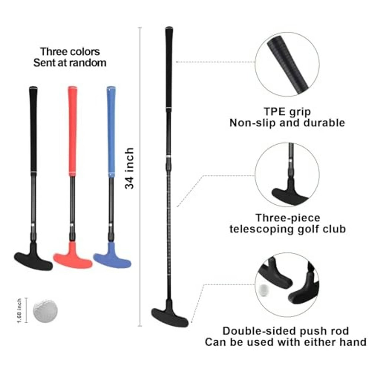Telescoping double-sided push rod for golf putting, with TPE non-slip grip
