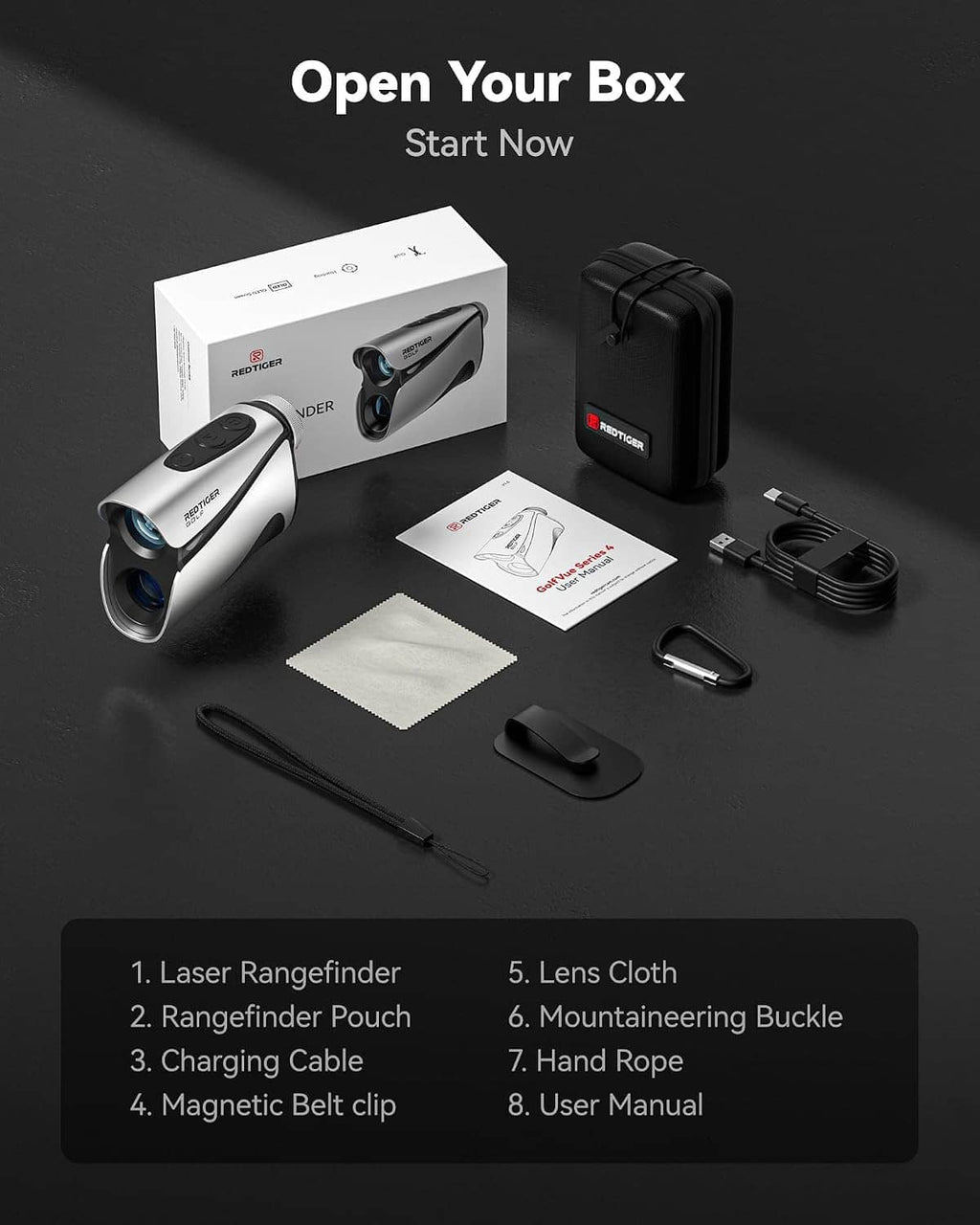 Golf laser rangefinder box contents: pouch, cable, lens cloth, manual, and clips