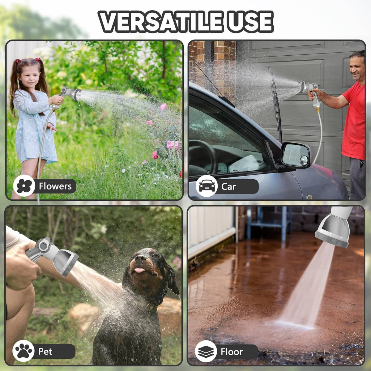 Garden hose nozzle spraying water for yard, car, pet, and floor cleaning