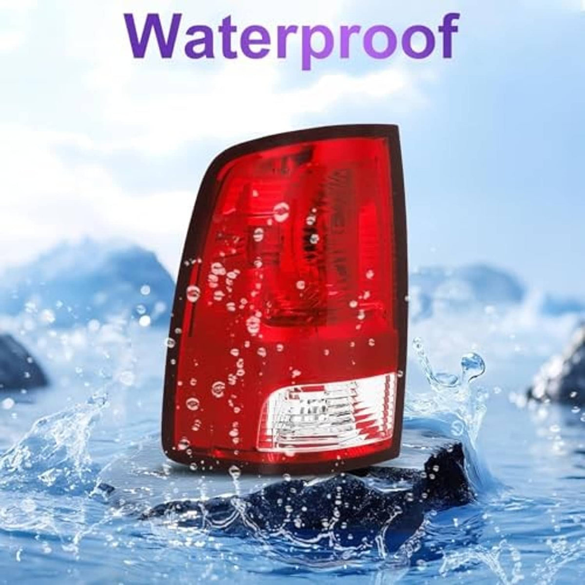 Left rear taillight with red lens and clear reflector, shown with water droplets