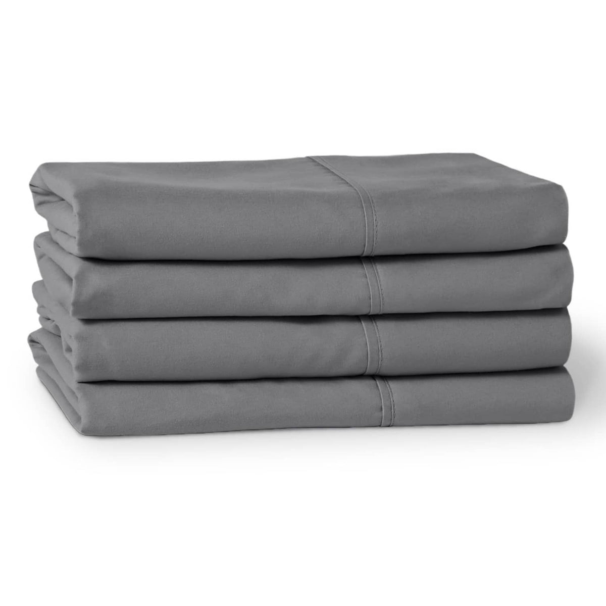 Grey standard pillowcases, folded stack of four cases with double-stitched seams.