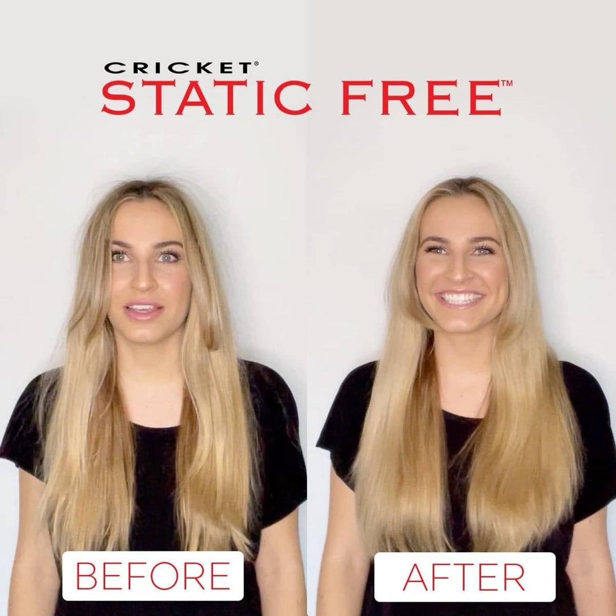 Two women showing hair styling results labeled before and after