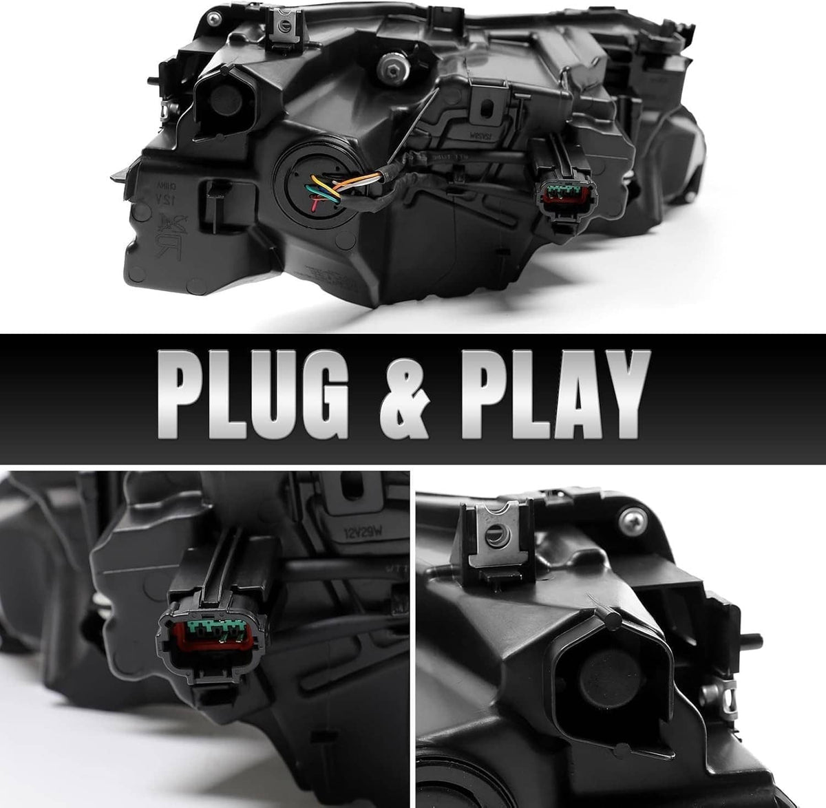 Right passenger-side LED headlight mounting back plate and wiring connectors