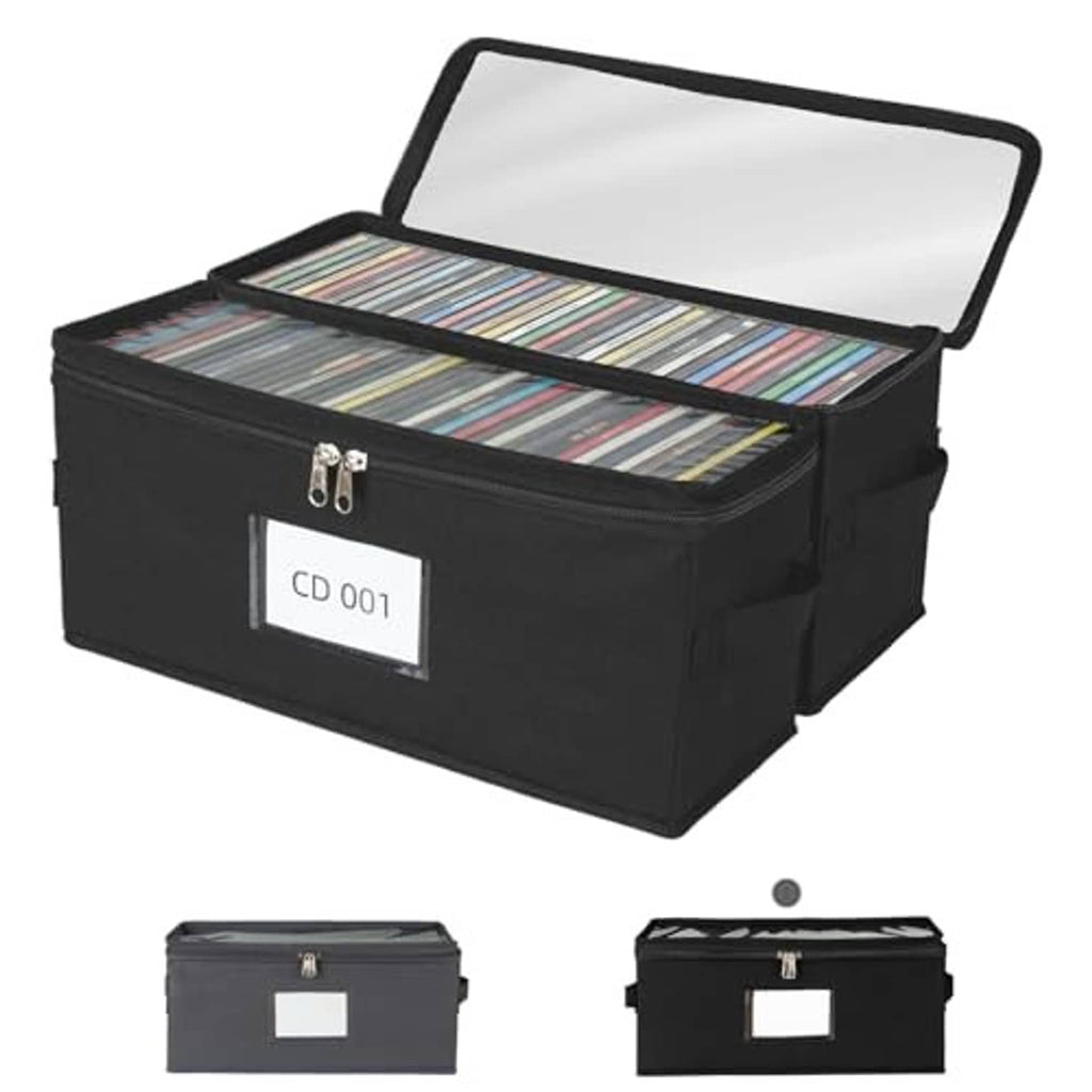 Black fabric CD storage box with clear lid, open for CDs, front label pocket