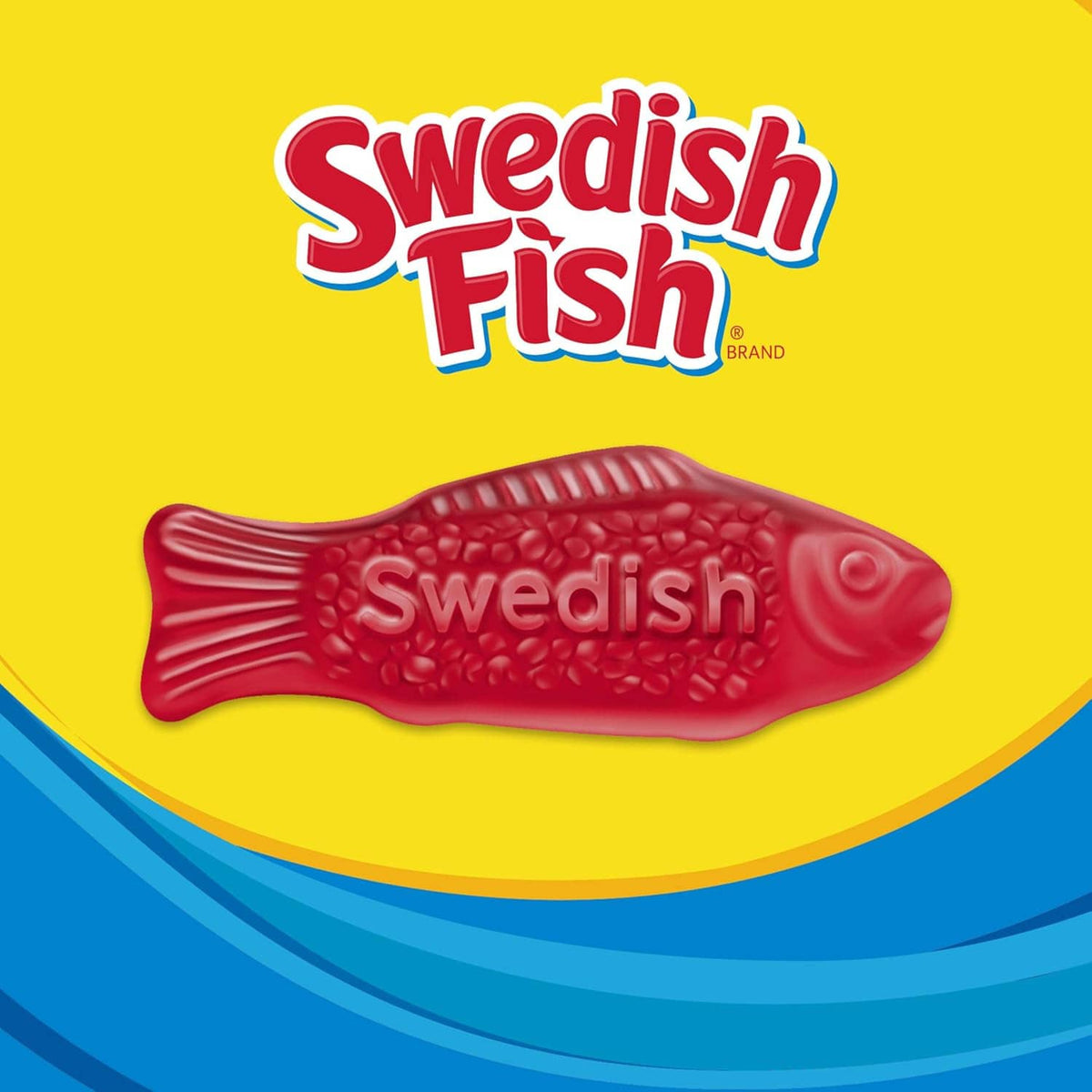 Swedish Fish soft red fish-shaped gummies in wrapper, product front graphic