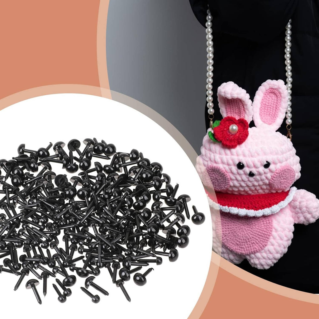 Black safety eyes for crocheting, round eye backs with short peg stems, assorted bundle