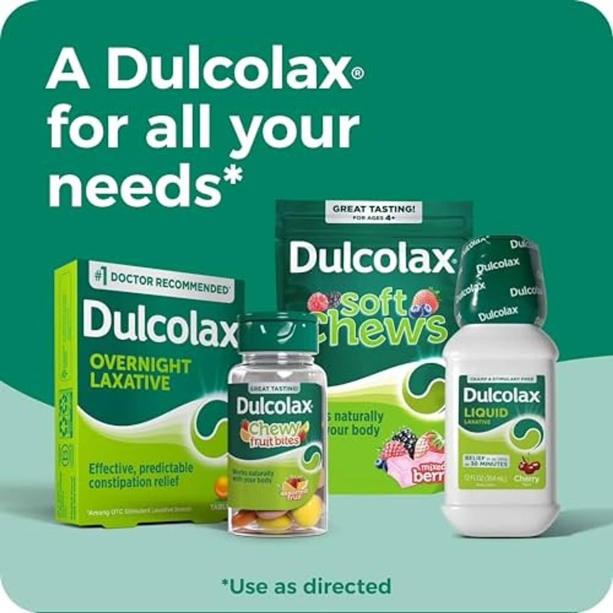 Dulcolax saline laxative liquid bottle with assorted Dulcolax items