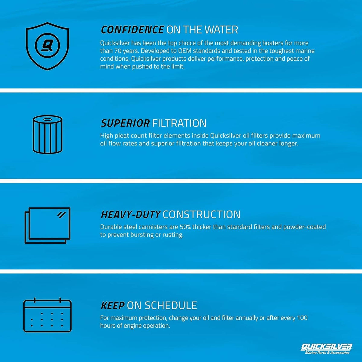 Marine oil filter features infographic with shield, superior filtration, and schedule icons