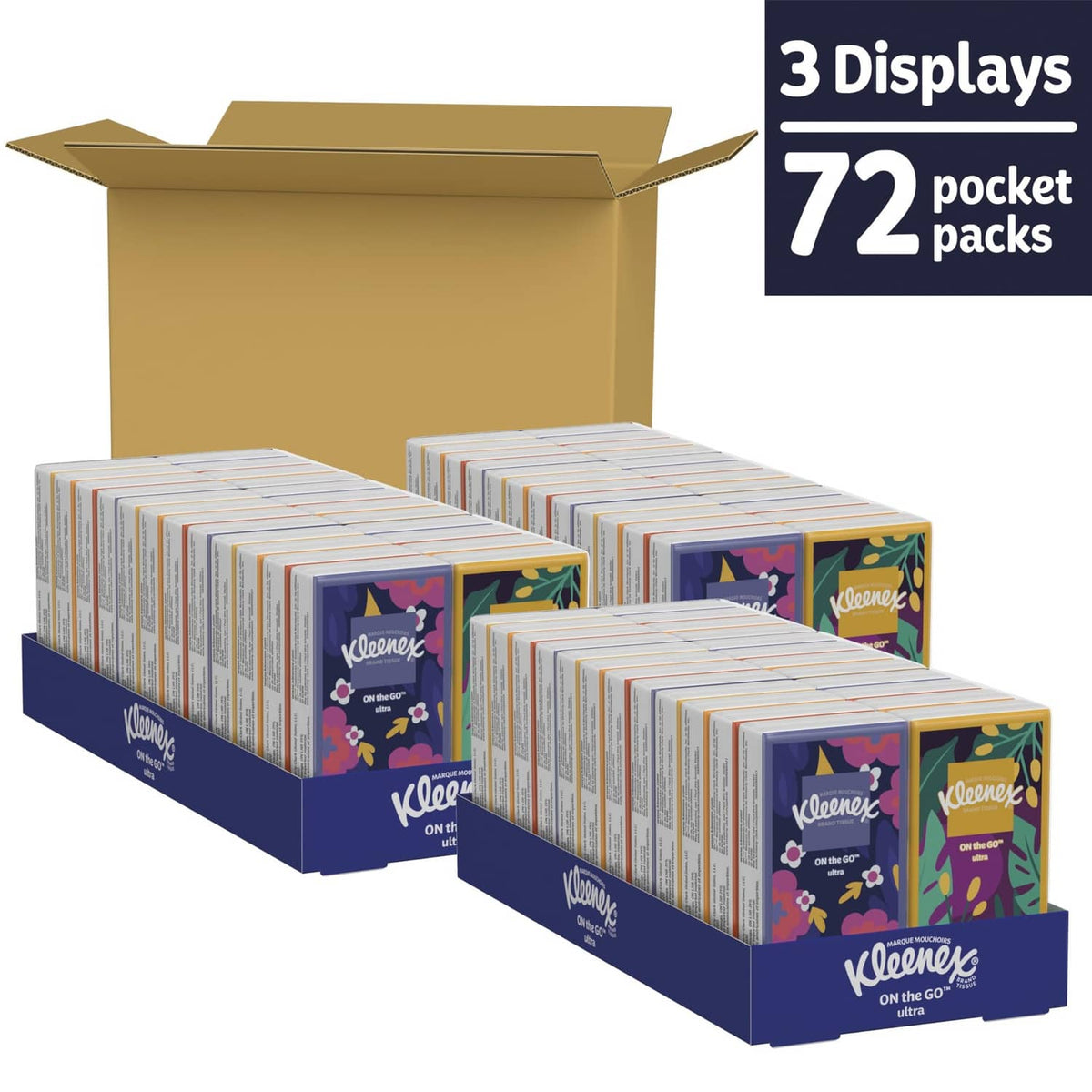 Kleenex On-the-go pocket tissue packs in carton, 3 displays, 72 count