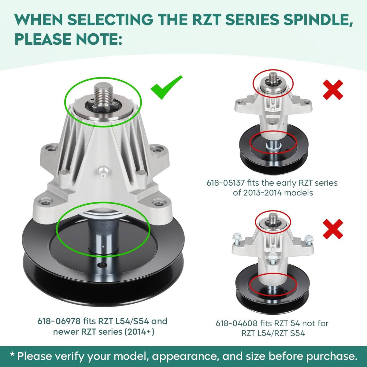 Deck spindle assembly with silver base and black pulley, shown from front and side angles