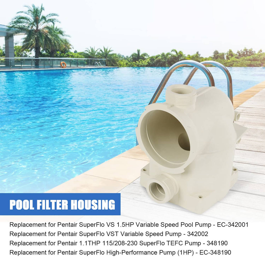 Pool filter housing on pool deck with large round intake opening and side threaded port