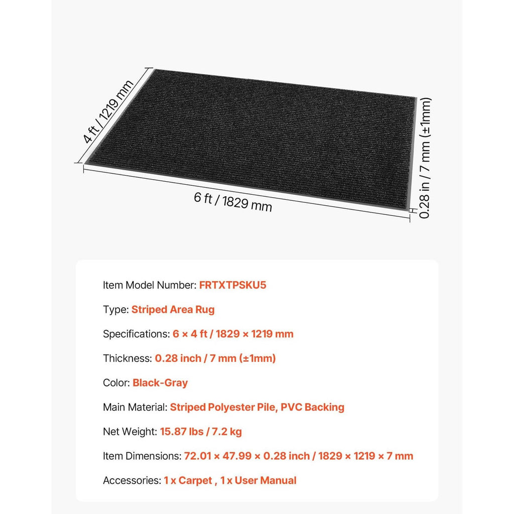 Rectangular dark striped door mat, 6 ft x 4 ft, about 7 mm thick