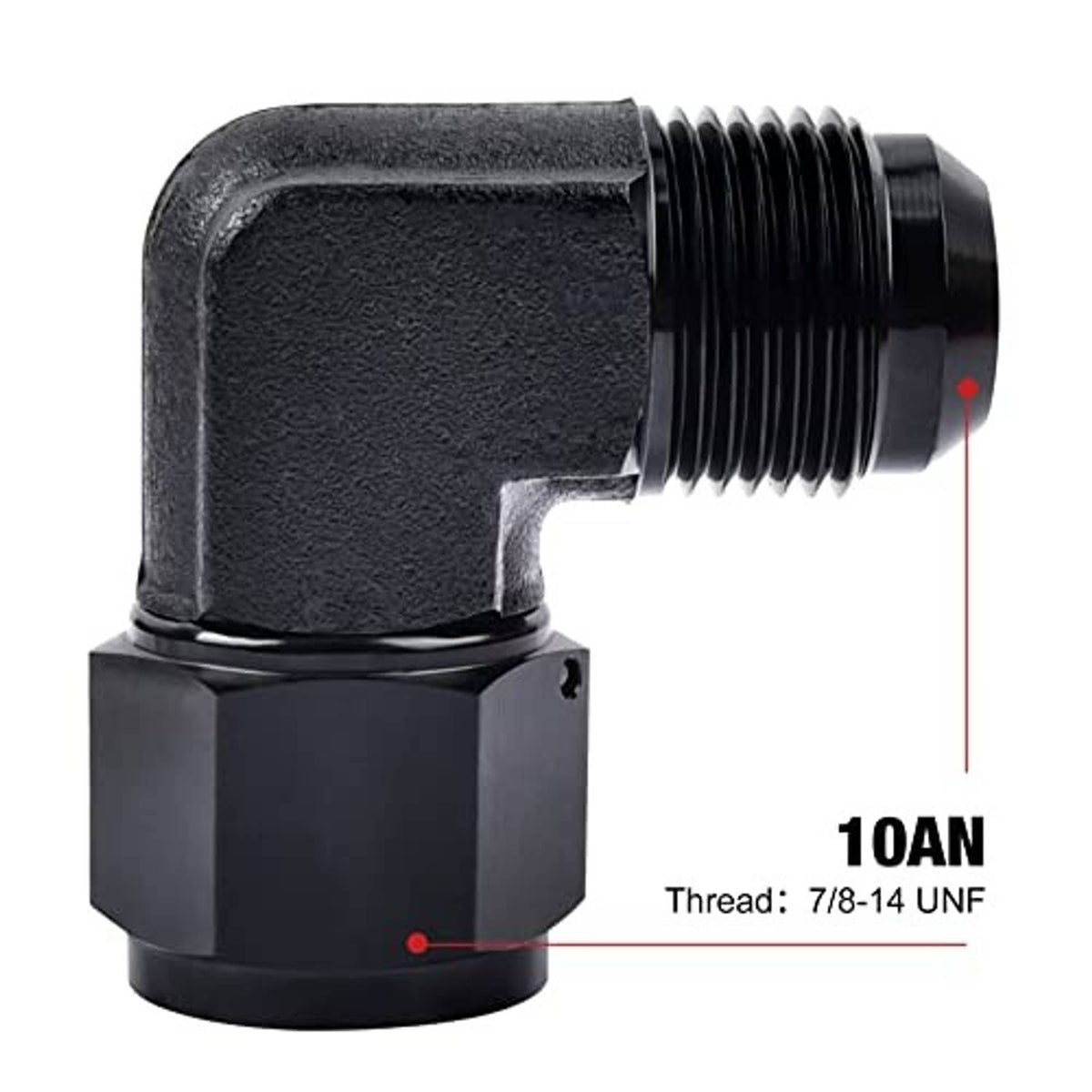 AN10 90-degree swivel flare adapter fitting, 7/8-14 UNF male thread, black
