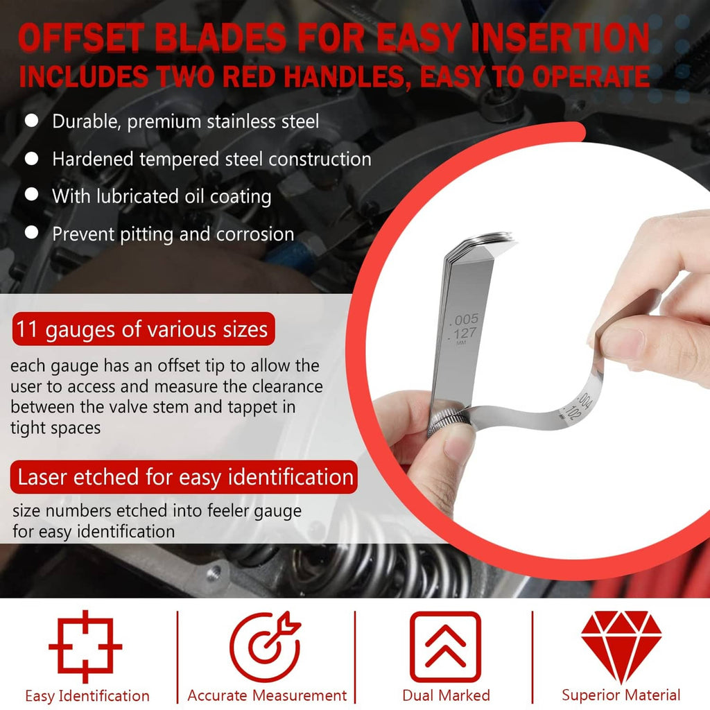 Offset feeler gauge set with 11 blades, red handles, and engraved size numbers
