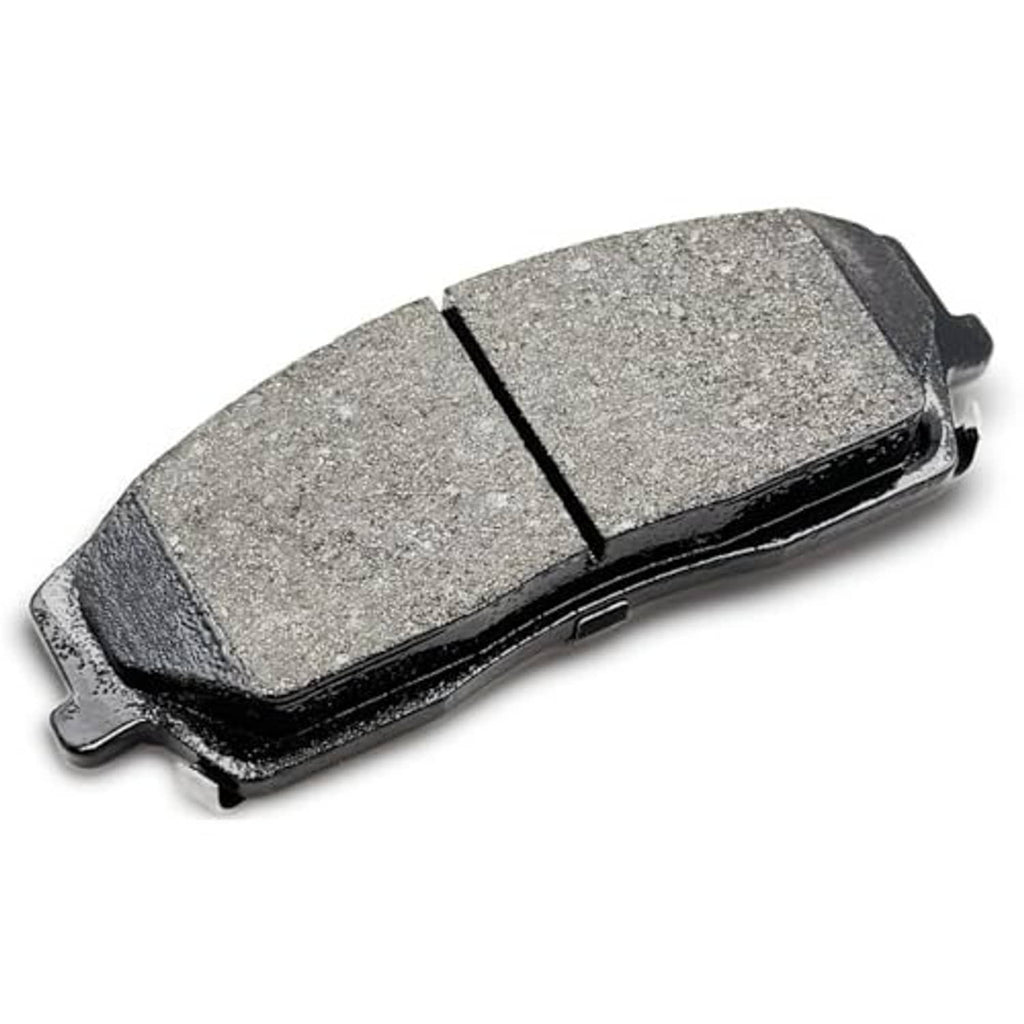 Gray ceramic brake pad with black metal backing and mounting hardware