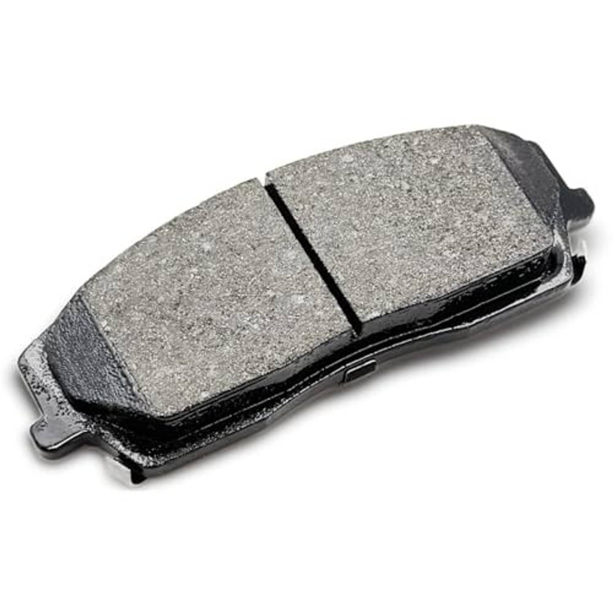 Gray ceramic brake pad with black metal backing and mounting hardware