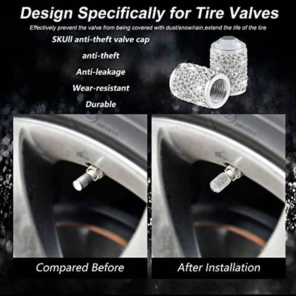 Crystal rhinestone valve cap for tire stem, sparkly clear top on silver threaded fitting