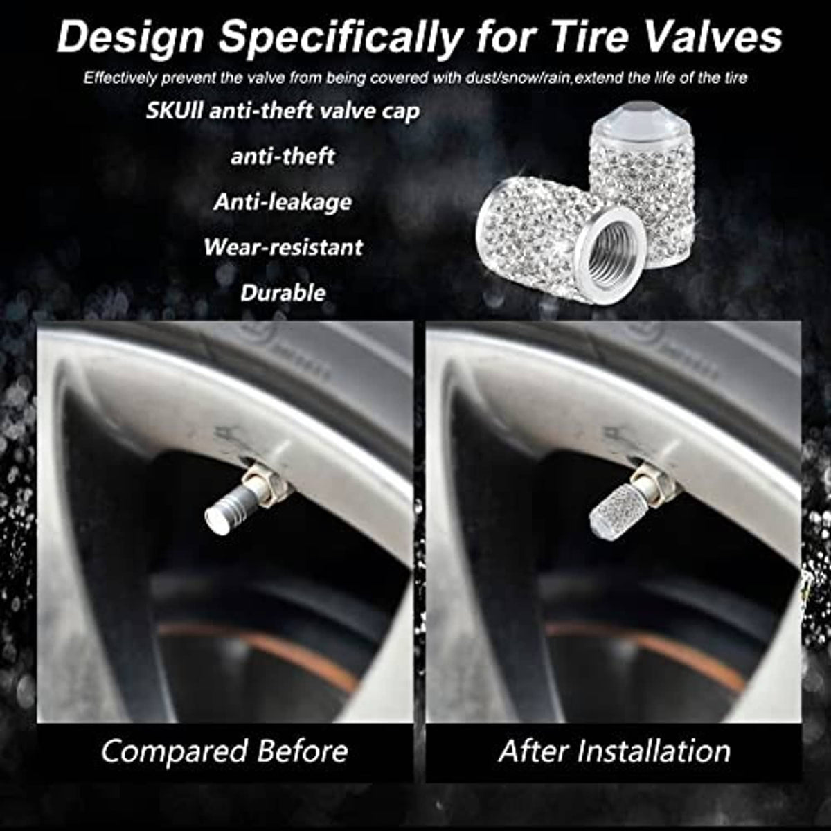 Crystal rhinestone valve cap for tire stem, sparkly clear top on silver threaded fitting