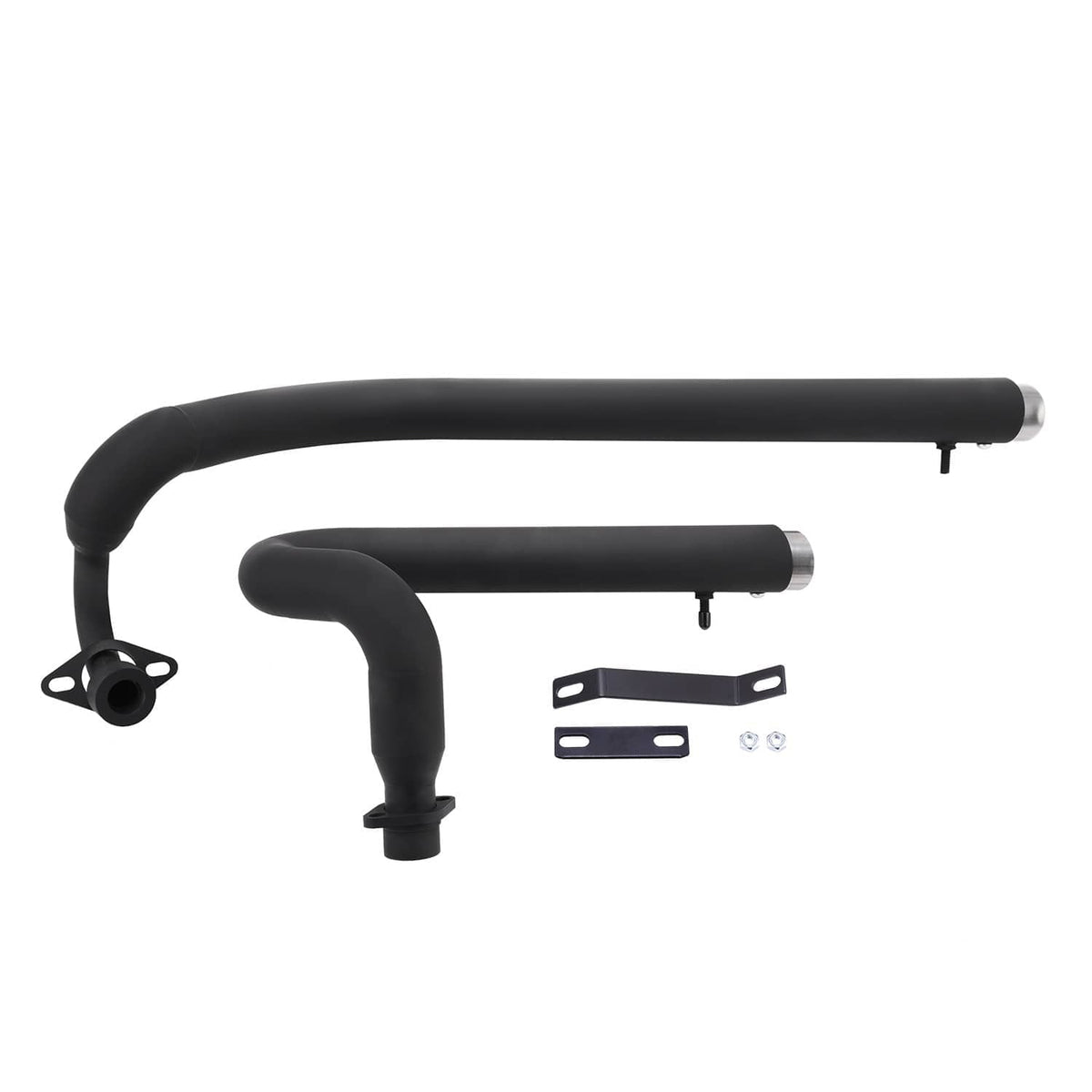 Exhaust muffler pipe with silencer can and bracket set, black with silver tips