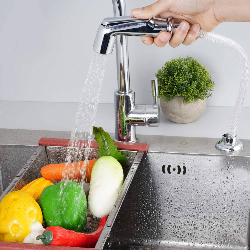 Chrome kitchen sink side sprayer replacement with braided hose and handheld trigger in use