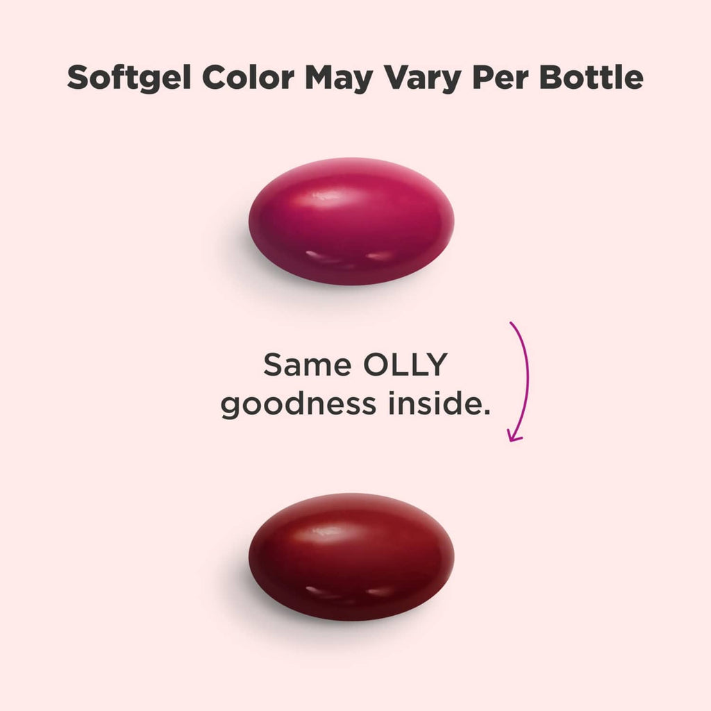 Dark red softgels on background, showing color may vary per bottle.