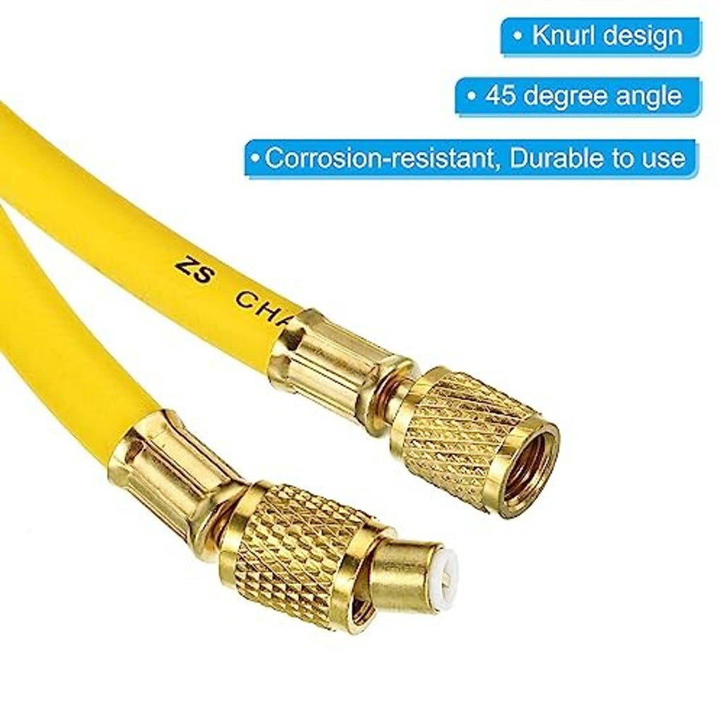 Yellow refrigerant hose with knurled brass fittings and 45-degree angled connector ends