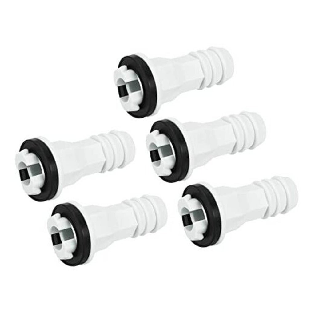 Air conditioner drain hose connector, straight fitting, white plastic with black rubber seal